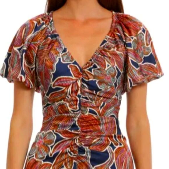 Maggy London Floral Puffed Sleeve Ruched Dress NWT - Picture 3 of 12